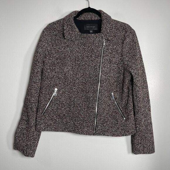 ANN TAYLOR Tweed Moto Jacket Blazer Large Maroon NEW Metallic Thread Career Work - Picture 1 of 8